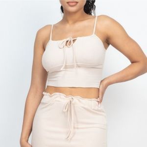 Cute Stretchy Ribbed Knit Beige 2 Piece Lounge Set Skirt with Crop Top